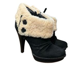 UGG Georgette Heeled Boots Suede Leather with Shearling Trim Black and Cream